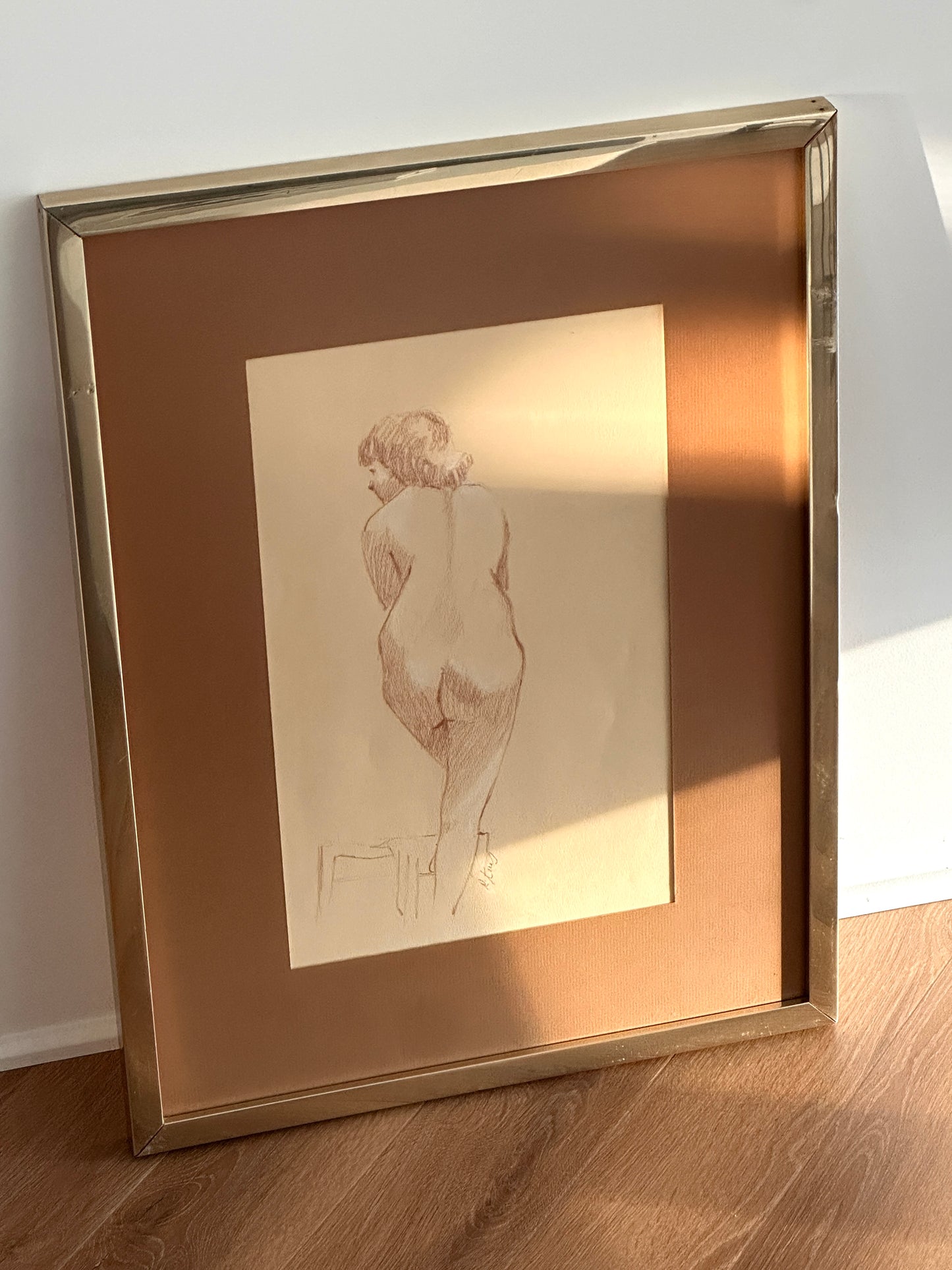 La femme nu, Sepia Drawing, Vintage Framed