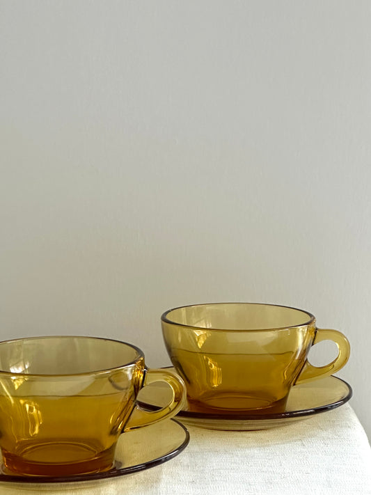 Amber Glass Coffee Cups and Saucers by Vitrosax Italy