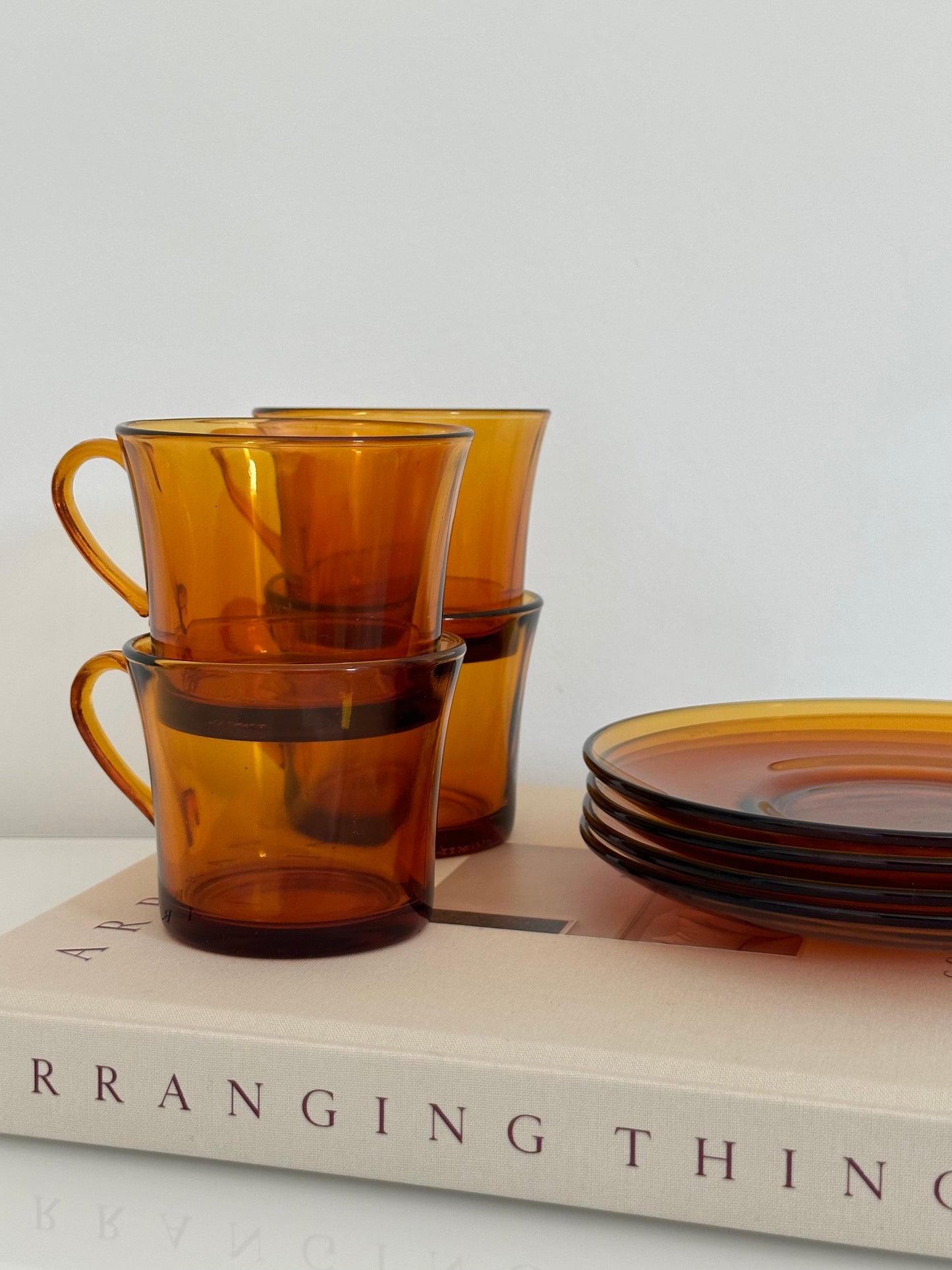 Vintage Amber Glass coffee cups & Saucer Set by Duralex France (set of 4)