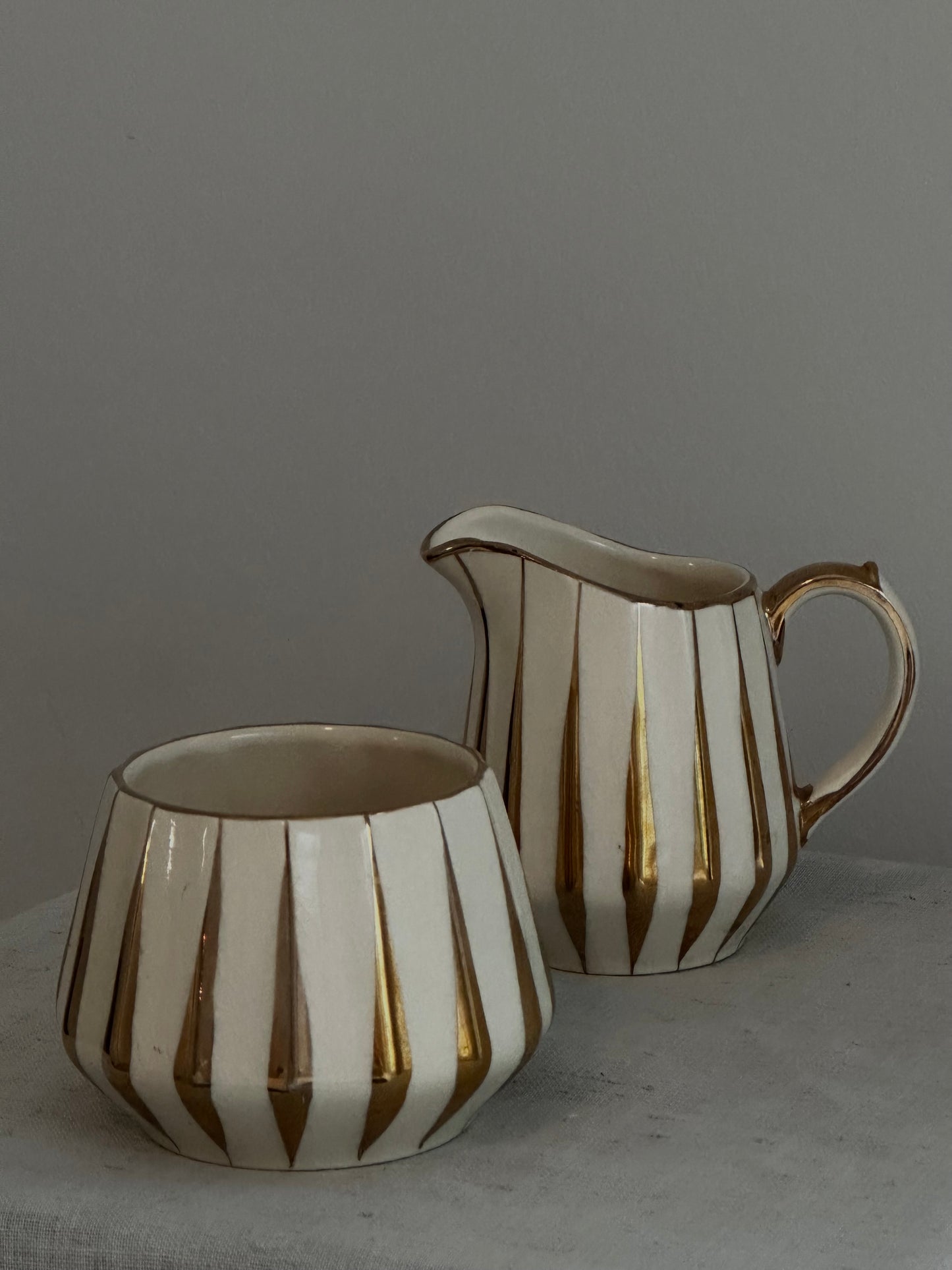 Vintage vertical striped Creamer and Sugar Bowl