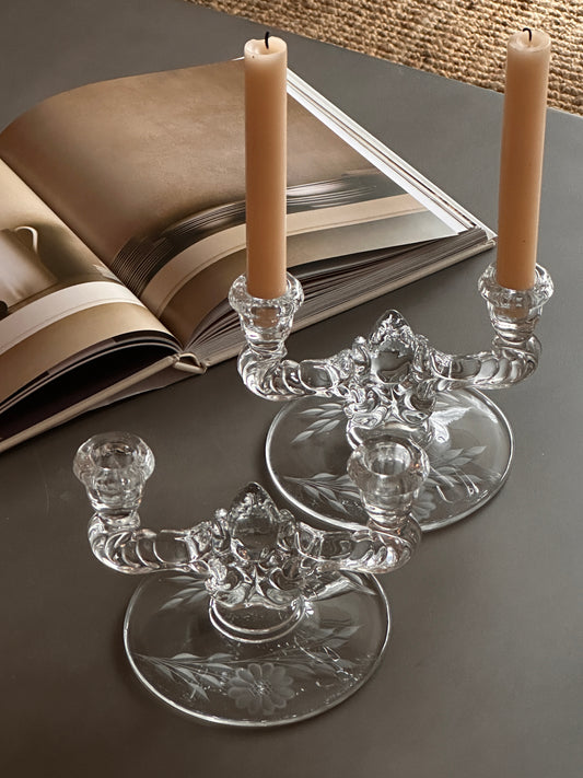 Etched Glass Candelabra - Set of 2