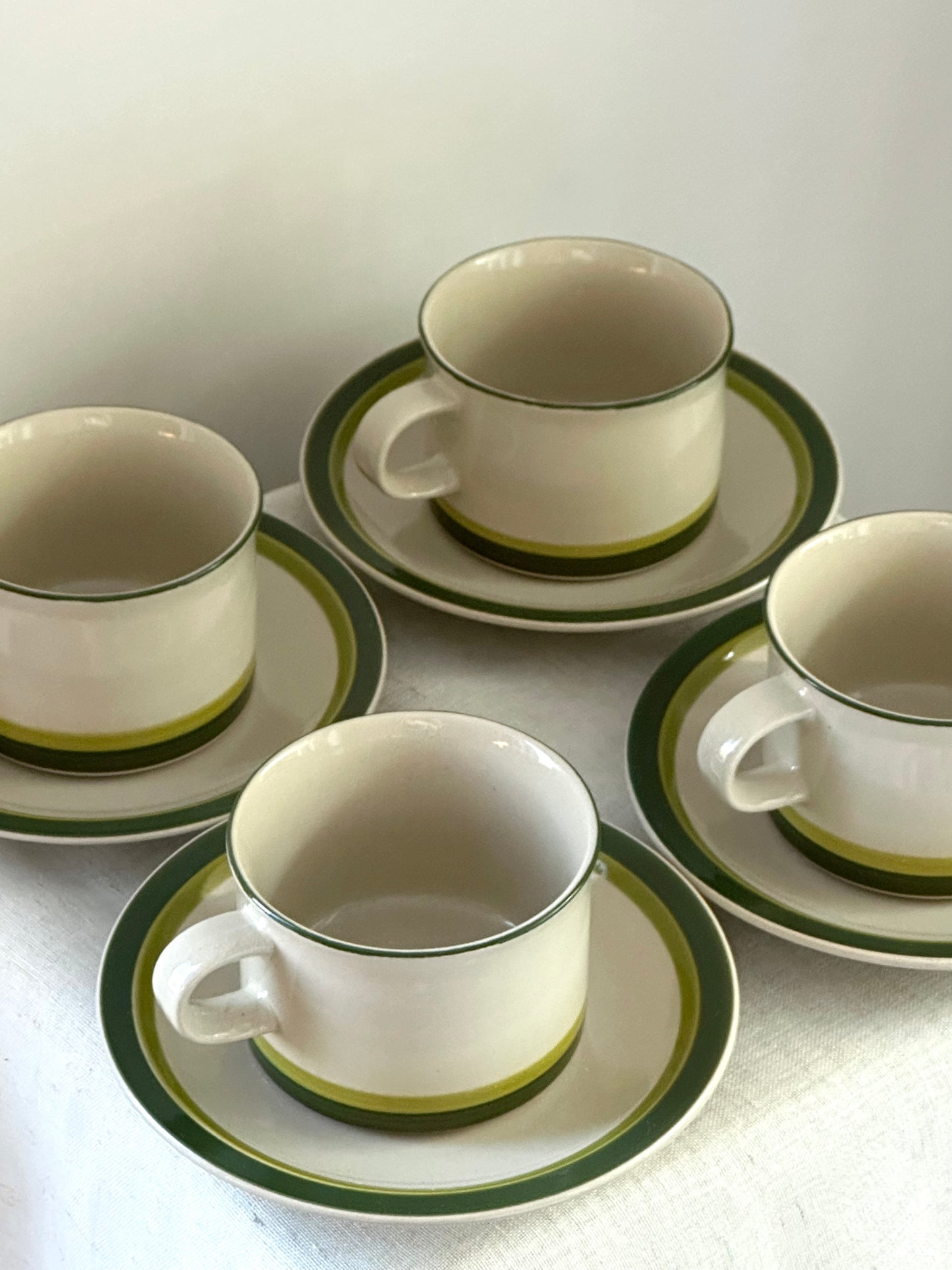 Vintage Green stripe coffee cups & Saucer Set (set of 4)