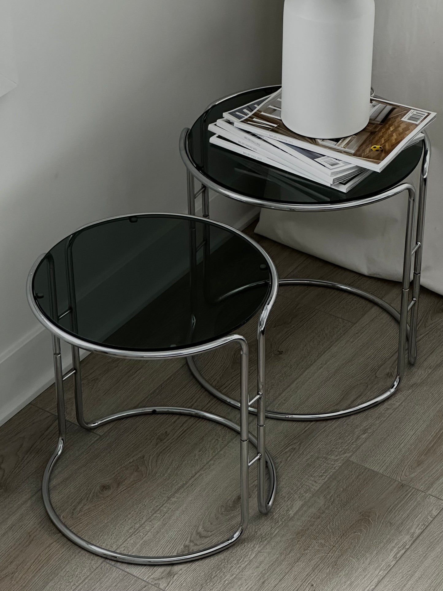 MCM Chrome and Smoked Glass Side Tables - Set of 2