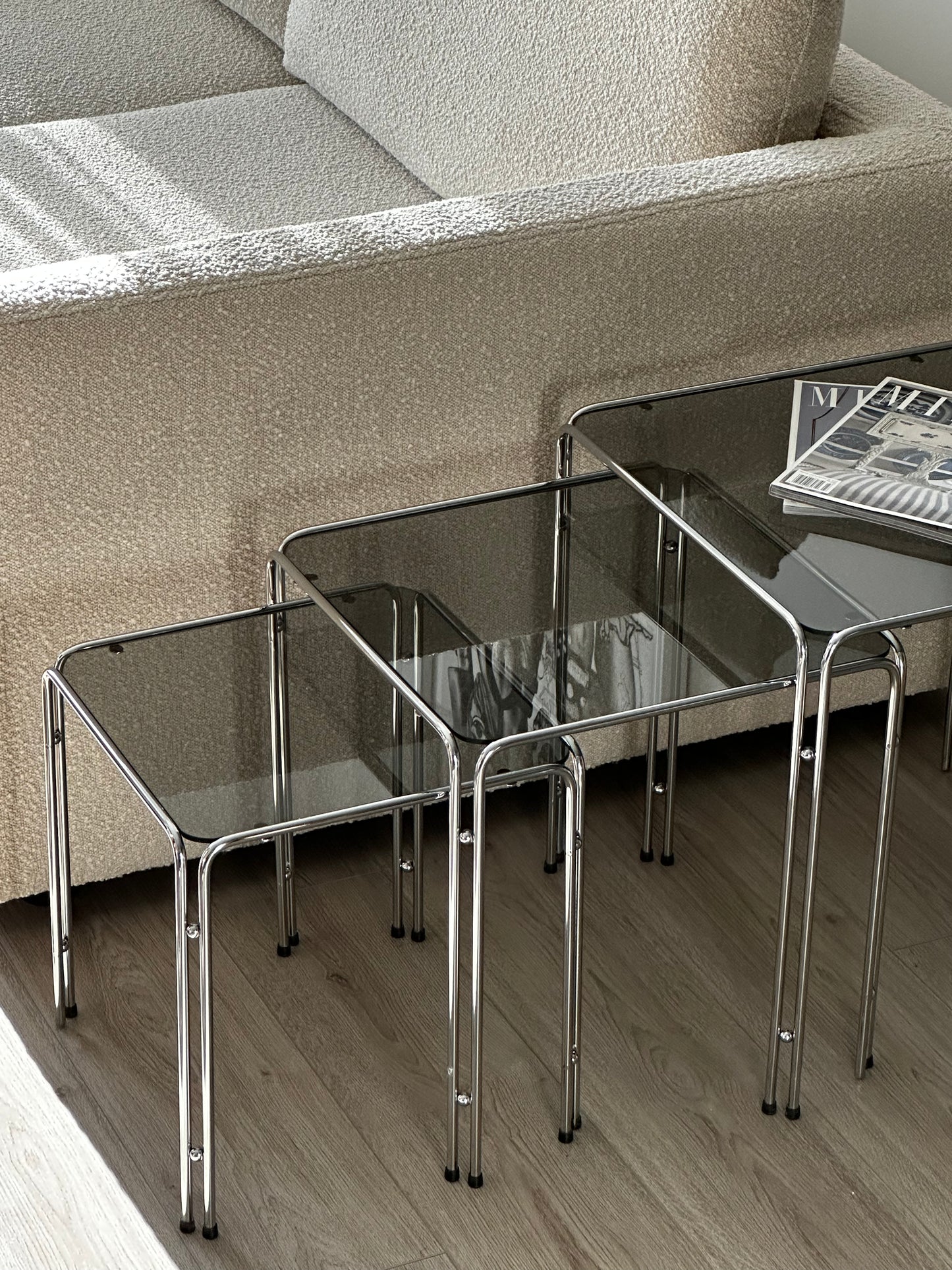 Chrome and Smoked Glass Nesting Tables after Baughman, 1970s