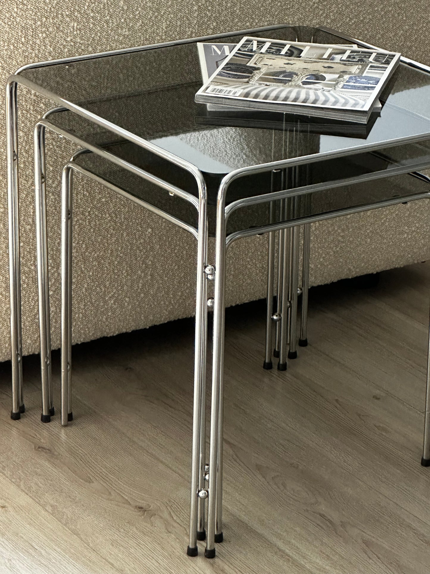 Chrome and Smoked Glass Nesting Tables after Baughman, 1970s