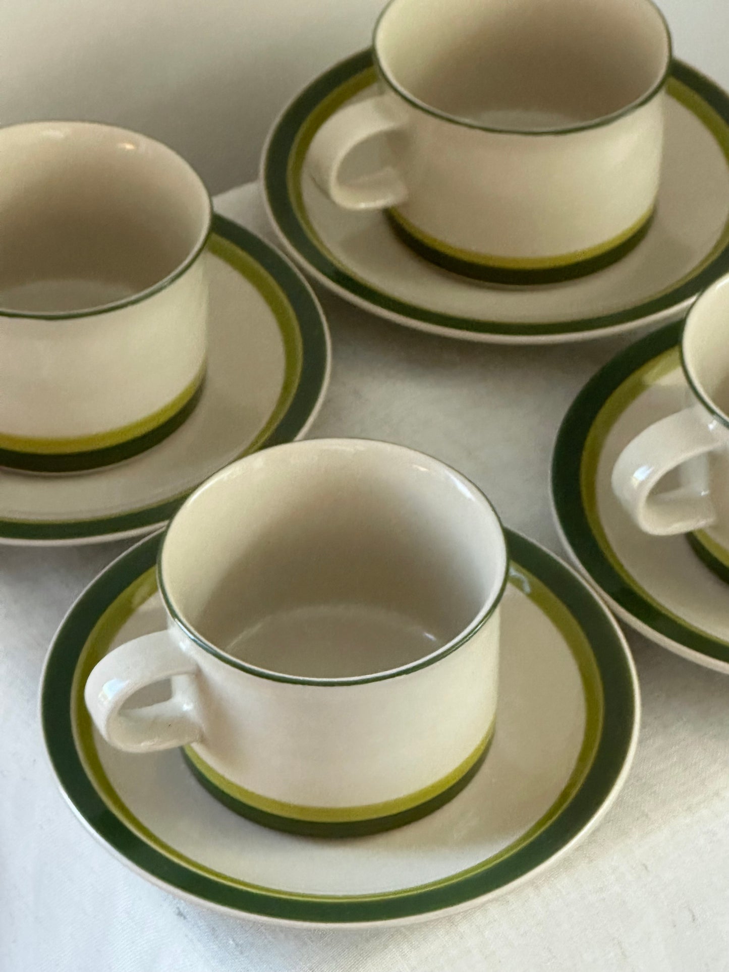 Vintage Green stripe coffee cups & Saucer Set (set of 4)