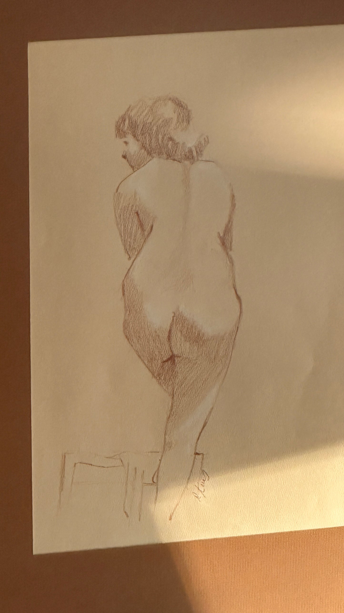 La femme nu, Sepia Drawing, Vintage Framed