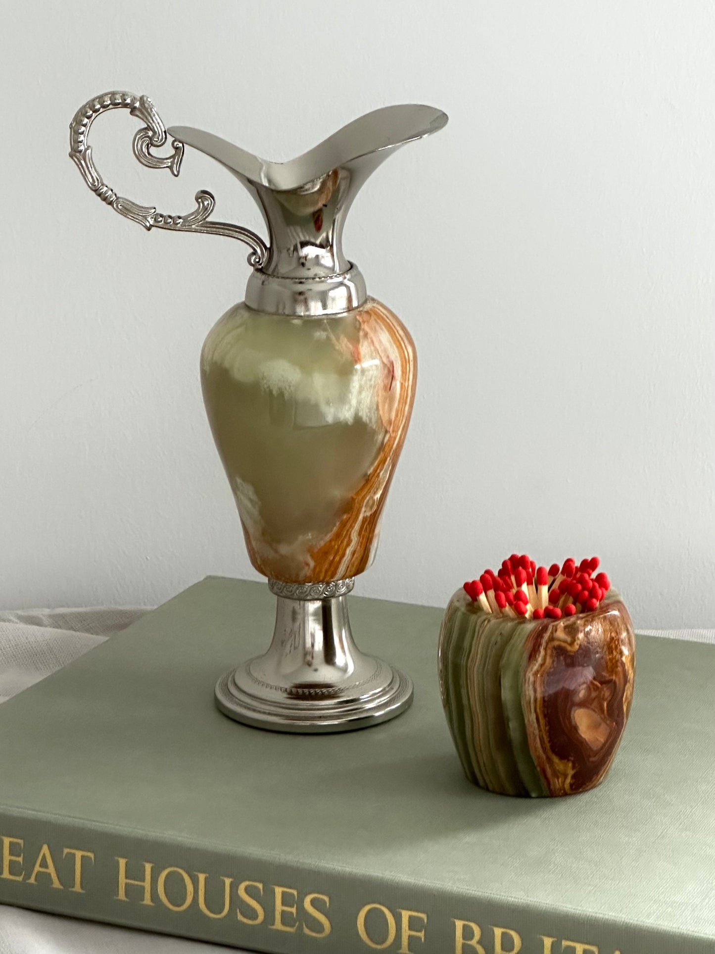 Vintage Italian onyx marble Candle holder & Matches holder cup