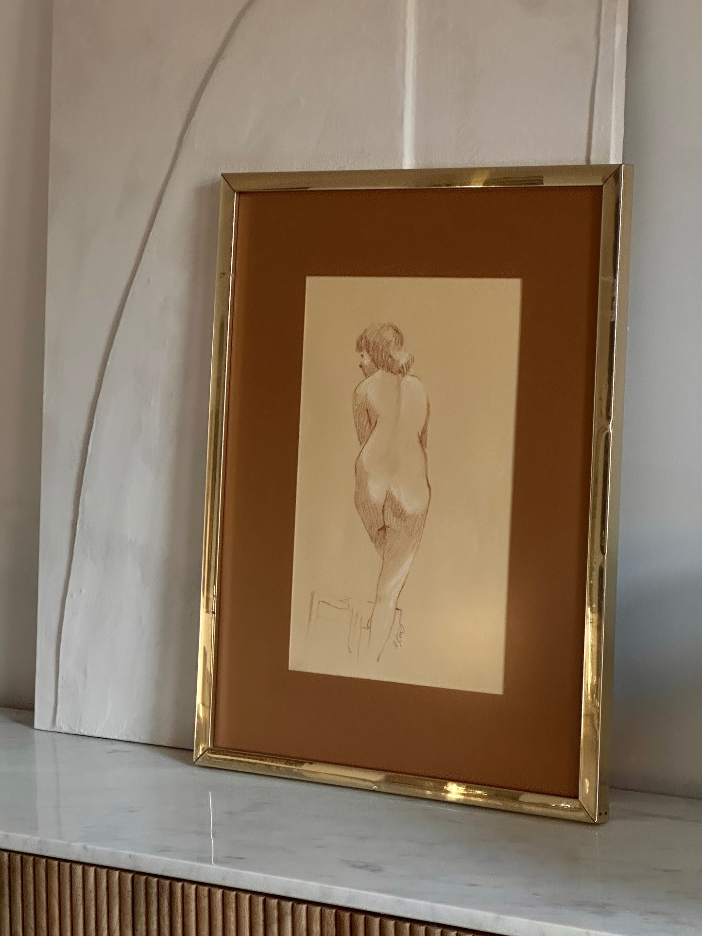 La femme nu, Sepia Drawing, Vintage Framed