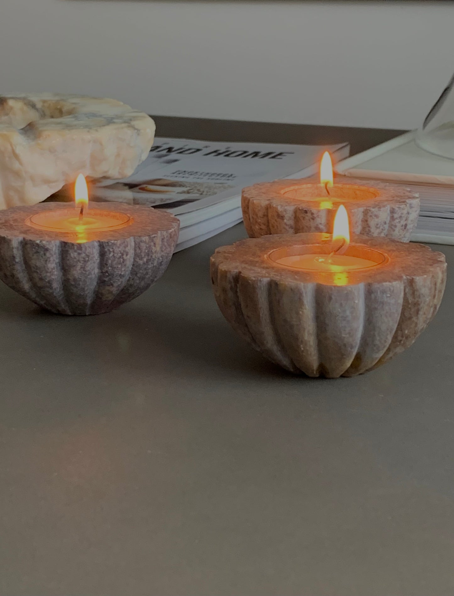 Carved stone Tea Light Candle holder - Set of 3