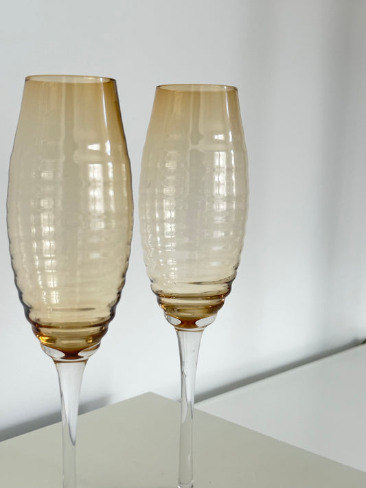 Amber glass ripple Champagne Flutes